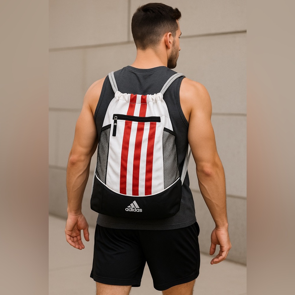 Adidas Drawstring Gym Backpack Red White Black Mesh Pockets Lightweight One Size